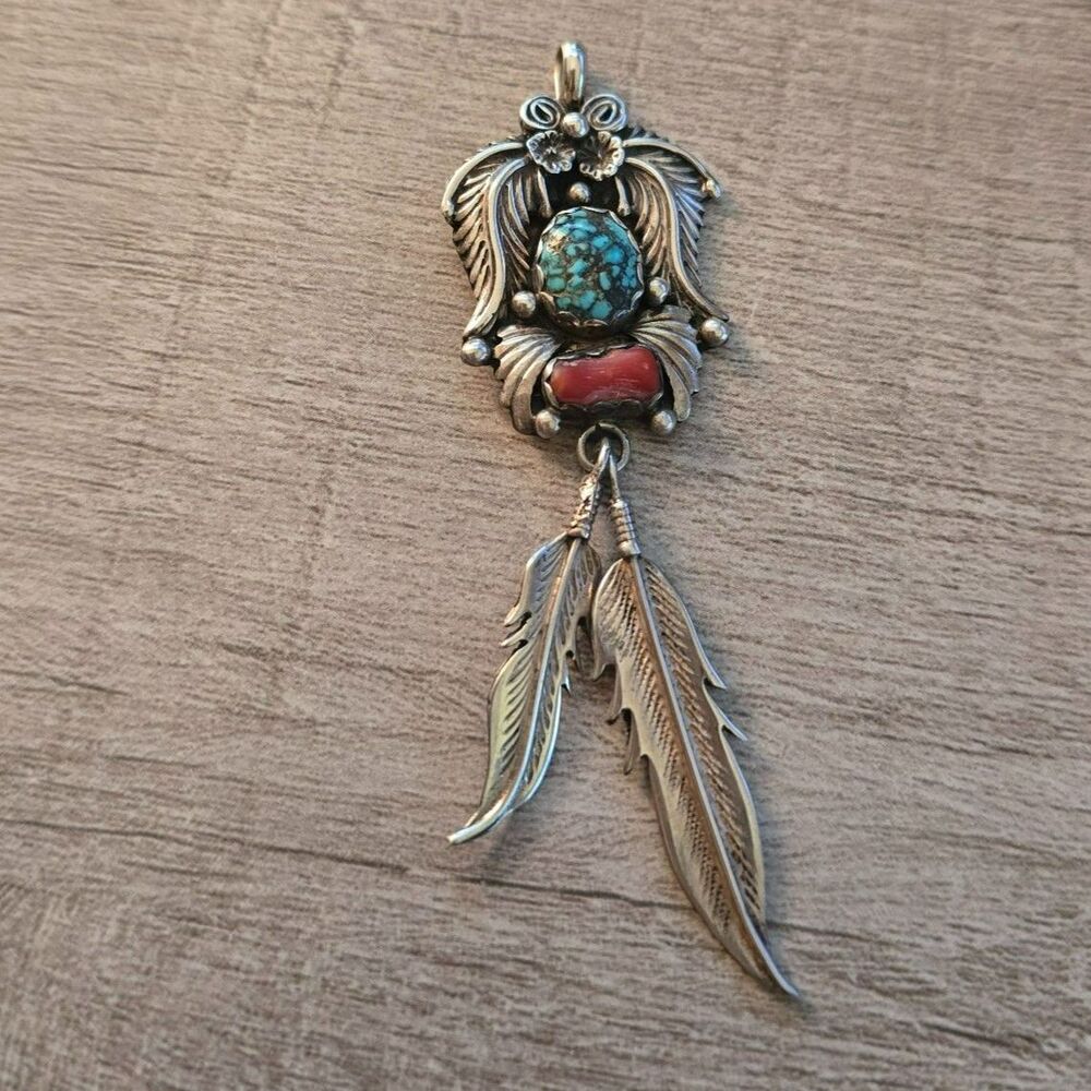 Vintage Kary Begay Navajo Sterling Silver Turquoise Coral Floral Pendant